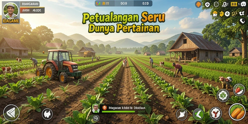 Screenshot IDAGAME menampilkan lahan pertanian yang hijau dan subur.