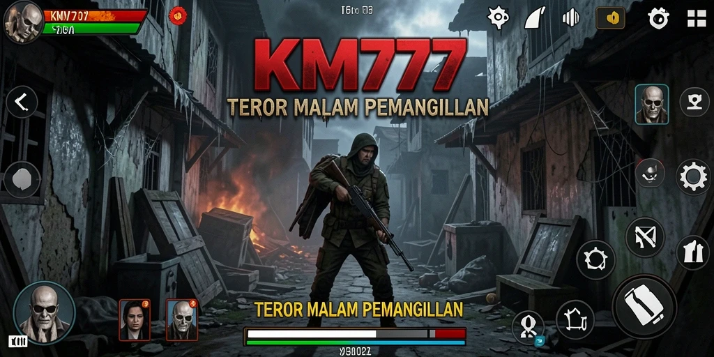 Screenshot gameplay KM777 dengan nuansa menyeramkan dan atmosfer mencekam.