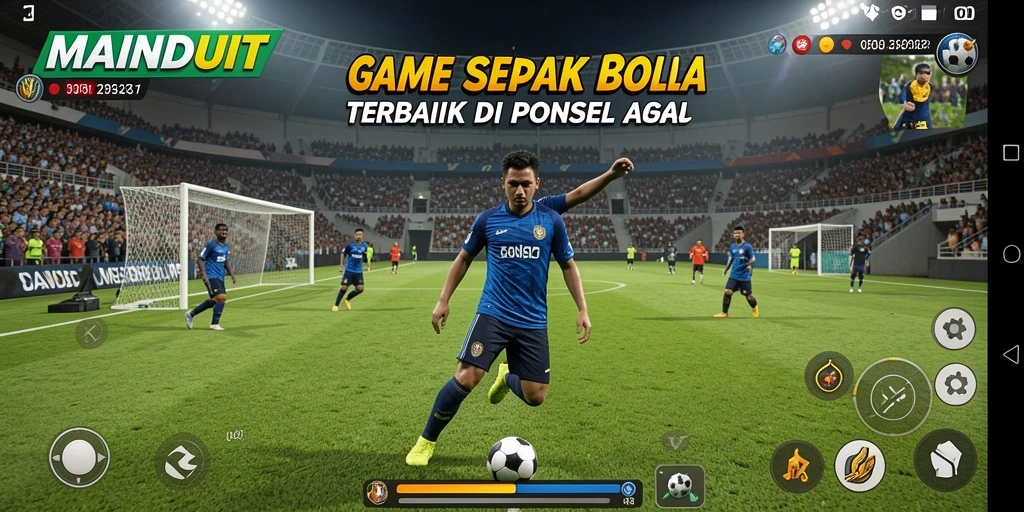 Screenshot gameplay MAINDUIT menampilkan aksi sepak bola yang seru.